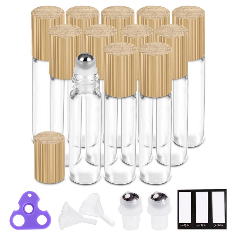 PrettyCare Essential Oil Roller Bottles 10ml ( Clear Glass Bottle with Bamboo Lid, 12 Pack, 2 Extra Stainless Steel Balls, 24 Labels, 1 Opener, 1 Funnel, 2 Droppers ) Roller Balls for Oils, Roller on Bottles - Image 1